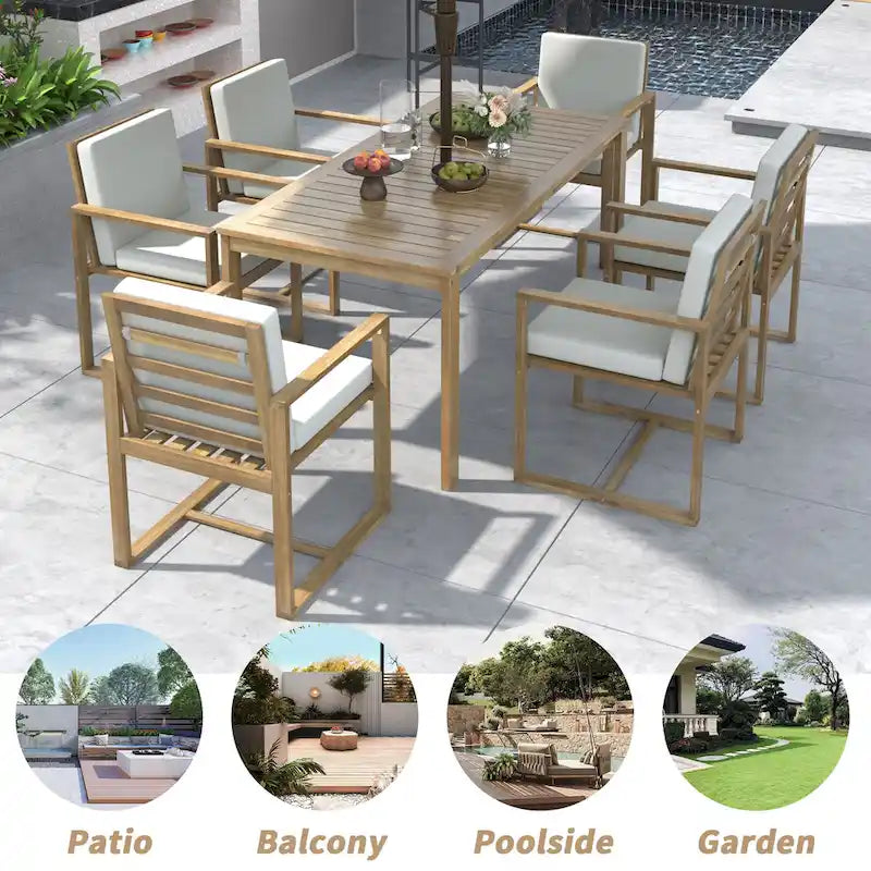 Ensemble repas de jardin 7 pièces, table et 6 chaises avec coussins amovibles pour terrasse et jardin, lot de 7