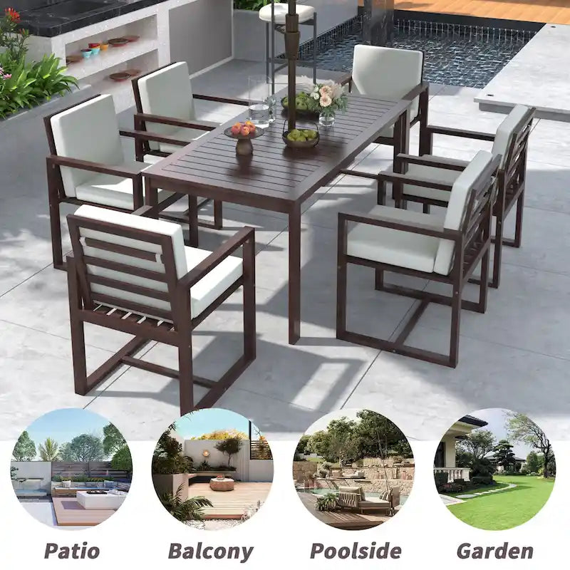 Ensemble repas de jardin 7 pièces, table et 6 chaises avec coussins amovibles pour terrasse et jardin, lot de 7