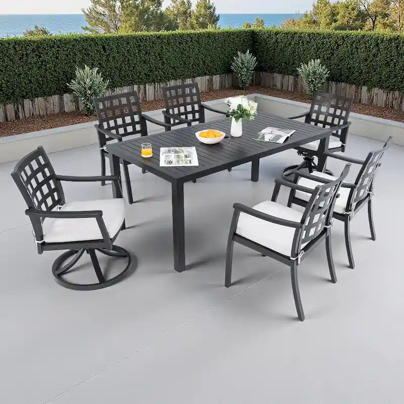 Ensemble de salle à manger d'extérieur 7 pièces en aluminium avec table rectangulaire de 67 po, 2 fauteuils pivotants et 4 fauteuils avec accoudoirs, et trou pour parasol