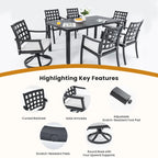 Ensemble de salle à manger d'extérieur 7 pièces en aluminium avec table rectangulaire de 67 po, 2 fauteuils pivotants et 4 fauteuils avec accoudoirs, et trou pour parasol