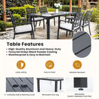 Ensemble de salle à manger d'extérieur 7 pièces en aluminium avec table rectangulaire de 67 po, 2 fauteuils pivotants et 4 fauteuils avec accoudoirs, et trou pour parasol