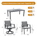 Ensemble de salle à manger d'extérieur 7 pièces en aluminium avec table rectangulaire de 67 po, 2 fauteuils pivotants et 4 fauteuils avec accoudoirs, et trou pour parasol
