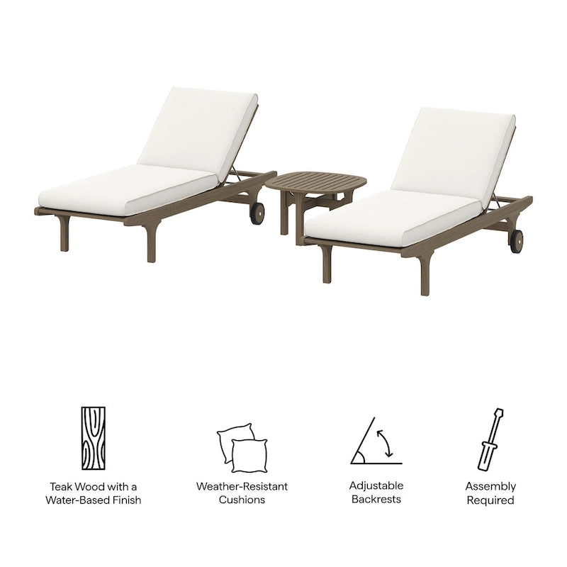 Ensemble de mobilier de patio en bois de teck 3 pièces Saratoga avec chaises longues