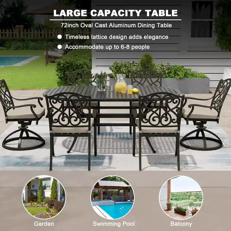 Table de salle à manger d'extérieur en aluminium moulé de 72 po, forme elliptique classique à treillis, avec trou pour parasol