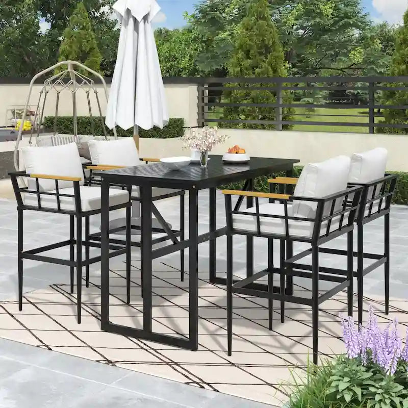 Ensemble de salle à manger d'extérieur 5 pièces en fer avec accoudoirs en bois d'acacia, idéal pour terrasse, balcon ou jardin - N/A