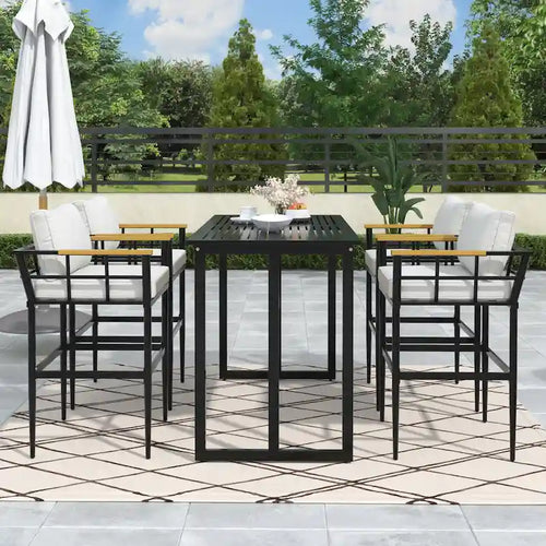 Ensemble de salle à manger d'extérieur 5 pièces en fer avec accoudoirs en bois d'acacia, idéal pour terrasse, balcon ou jardin - N/A