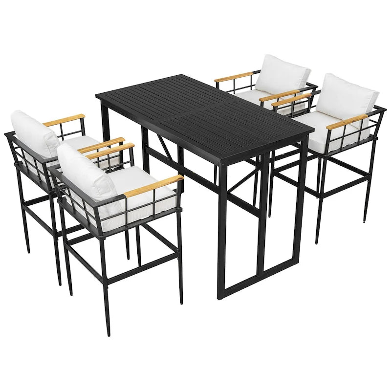 Ensemble de salle à manger d'extérieur 5 pièces en fer avec accoudoirs en bois d'acacia, idéal pour terrasse, balcon ou jardin - N/A