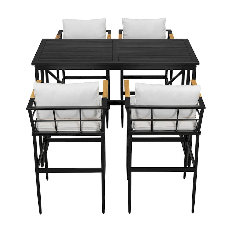 Ensemble de salle à manger d'extérieur 5 pièces en fer avec accoudoirs en bois d'acacia, idéal pour terrasse, balcon ou jardin - N/A