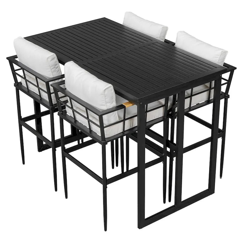 Ensemble de salle à manger d'extérieur 5 pièces en fer avec accoudoirs en bois d'acacia, idéal pour terrasse, balcon ou jardin - N/A
