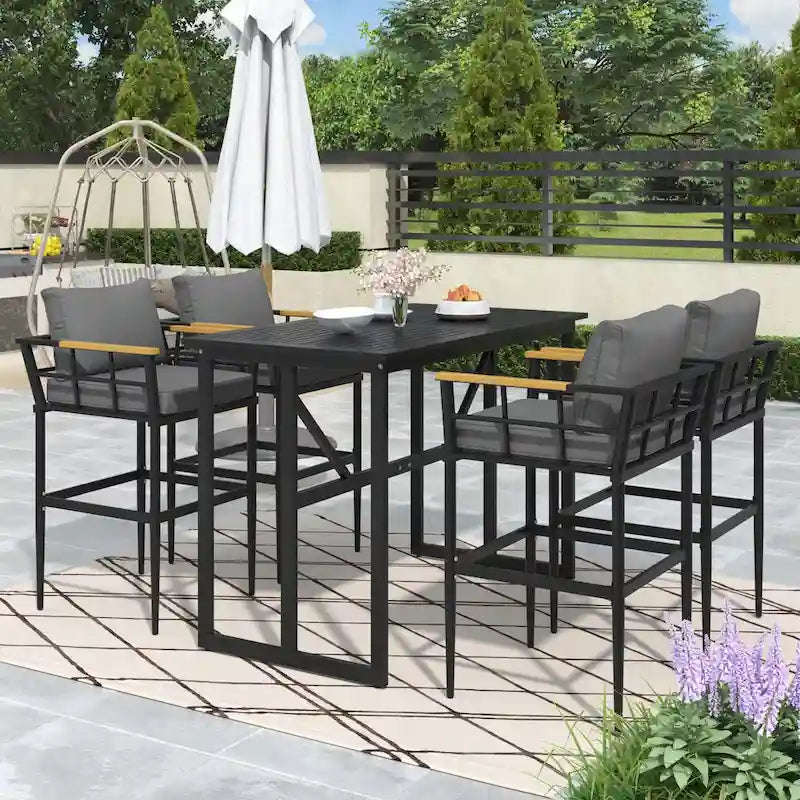 Ensemble de salle à manger d'extérieur 5 pièces en fer avec accoudoirs en bois d'acacia, idéal pour terrasse, balcon ou jardin - N/A