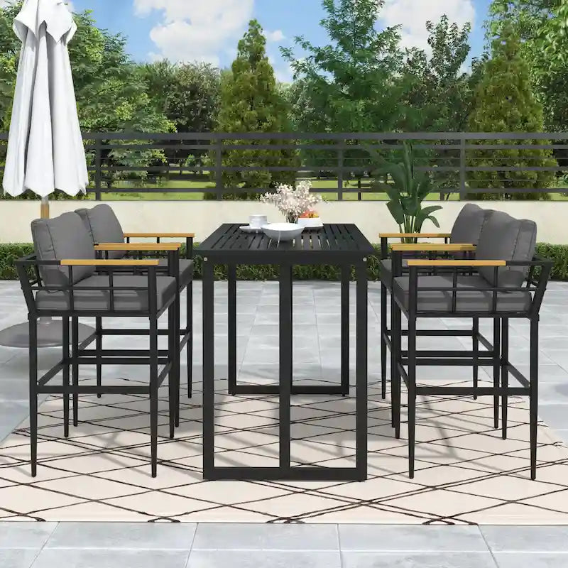Ensemble de salle à manger d'extérieur 5 pièces en fer avec accoudoirs en bois d'acacia, idéal pour terrasse, balcon ou jardin - N/A