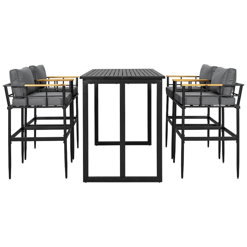 Ensemble de salle à manger d'extérieur 5 pièces en fer avec accoudoirs en bois d'acacia, idéal pour terrasse, balcon ou jardin - N/A