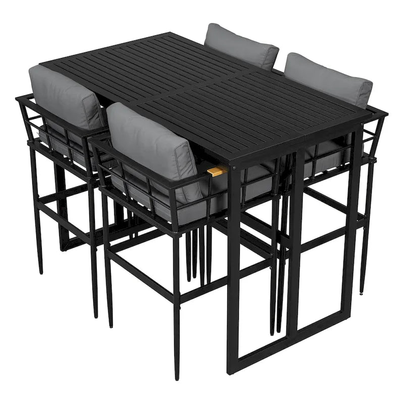 Ensemble de salle à manger d'extérieur 5 pièces en fer avec accoudoirs en bois d'acacia, idéal pour terrasse, balcon ou jardin - N/A