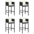Outdoor Barstool Chair Set of 4, White Fabric Cushions, Black Rattan