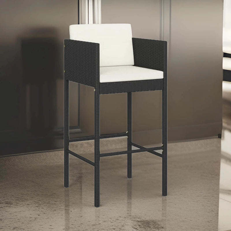 Ensemble de 4 tabourets de bar d'extérieur, coussins en tissu blanc, rotin noir
