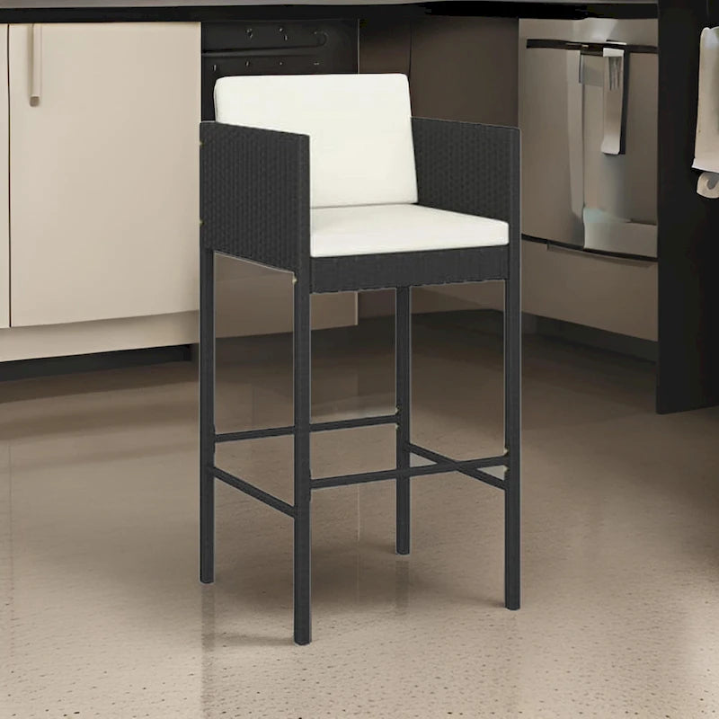 Ensemble de 4 tabourets de bar d'extérieur, coussins en tissu blanc, rotin noir