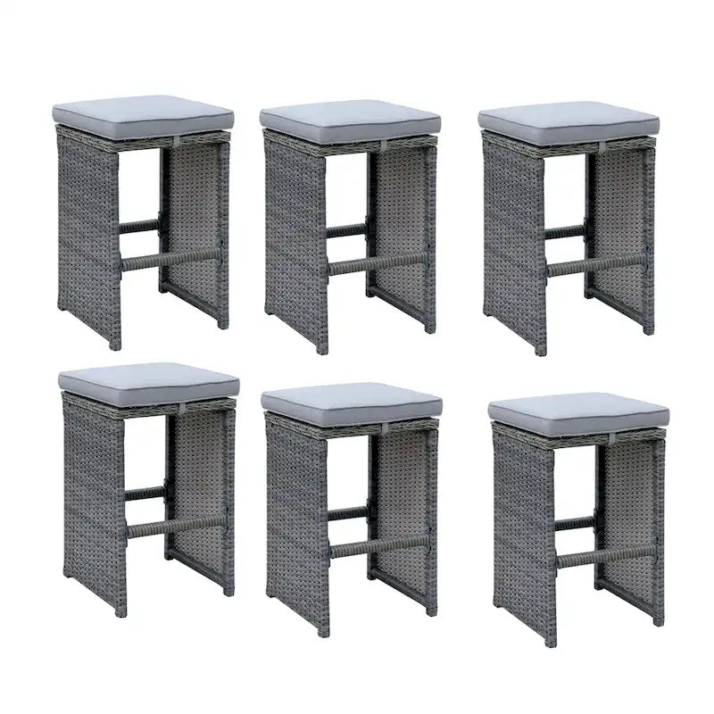 Tabouret de bar d'extérieur 6 pièces en aluminium, osier et assise en tissu rembourré, gris
