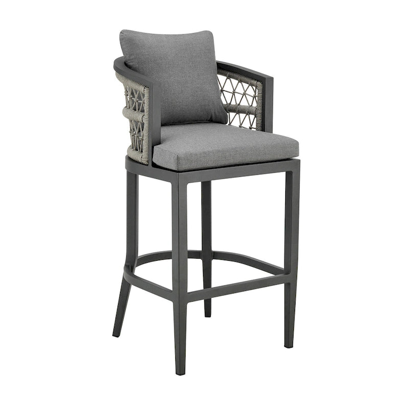 Chaise de comptoir d'extérieur Hosa de 66 cm, en aluminium gris, corde tressée