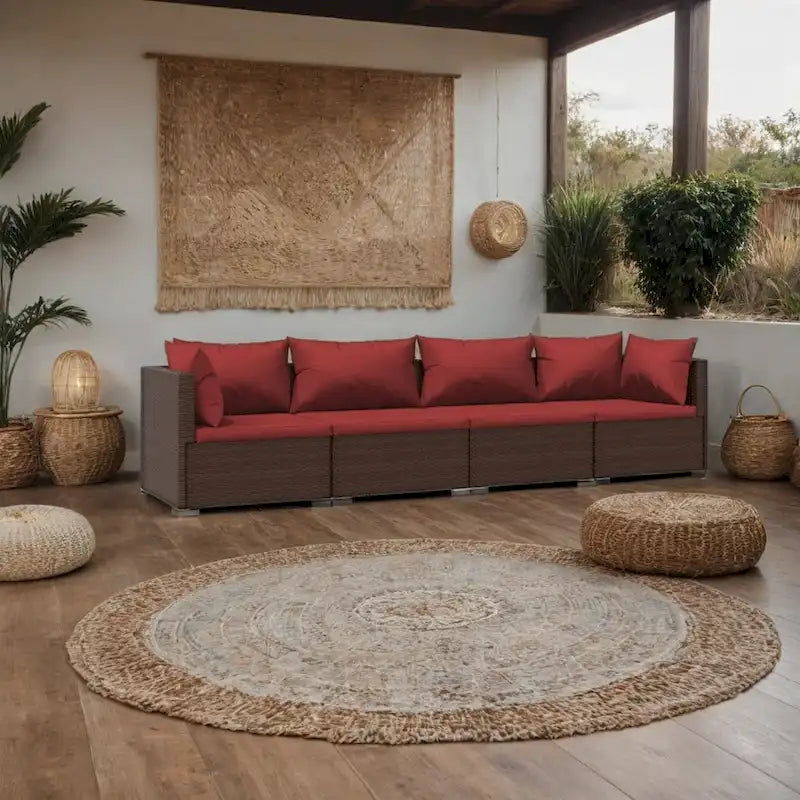 Ensemble de canapés modulaires 4 places pour terrasse avec 6 oreillers, 4 coussins, brun-rouge