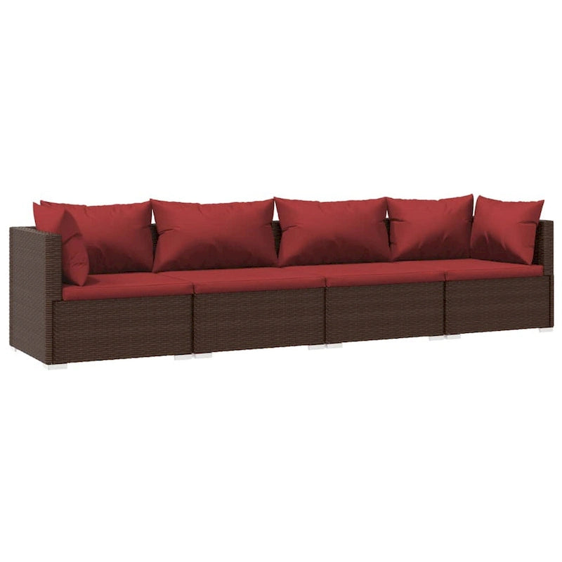 Ensemble de canapés modulaires 4 places pour terrasse avec 6 oreillers, 4 coussins, brun-rouge