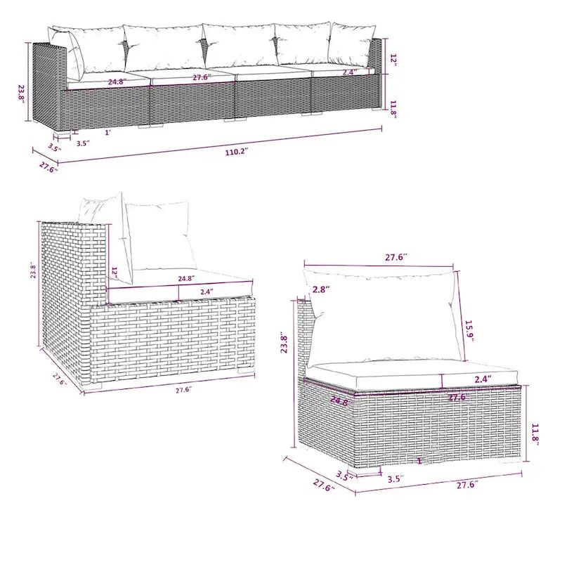 Ensemble de canapés modulaires 4 places pour terrasse avec 6 oreillers, 4 coussins, brun-rouge