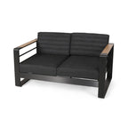 Causeuse Vinia, polyester gris foncé pour extérieur, accents en bois, noir, 57 pouces