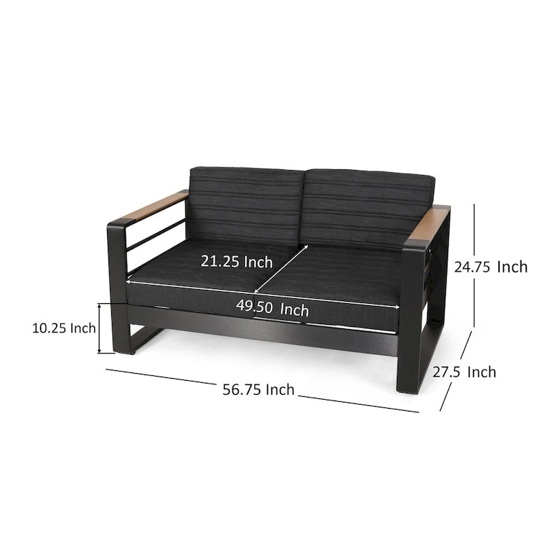 Causeuse Vinia, polyester gris foncé pour extérieur, accents en bois, noir, 57 pouces