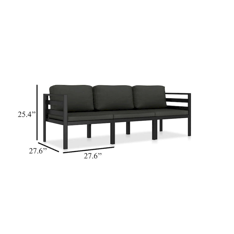 Ensemble de canapé modulaire d'extérieur Shina 3 pièces, métal noir, coussins gris foncé
