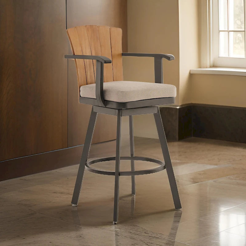 Luna 26 Inch Outdoor Swivel Counter Stool Chair, Rustic Teak Wood, Brown