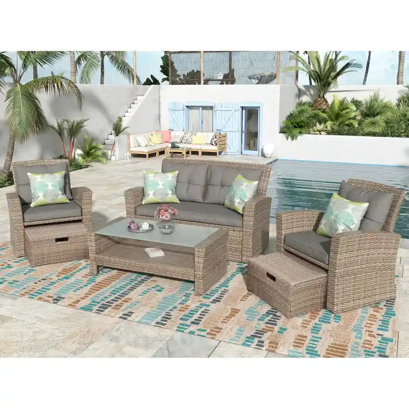 Ensemble de mobilier de patio 4 pièces, ensemble de conversation extérieur toutes saisons, canapé d'angle en osier avec ottoman et coussins