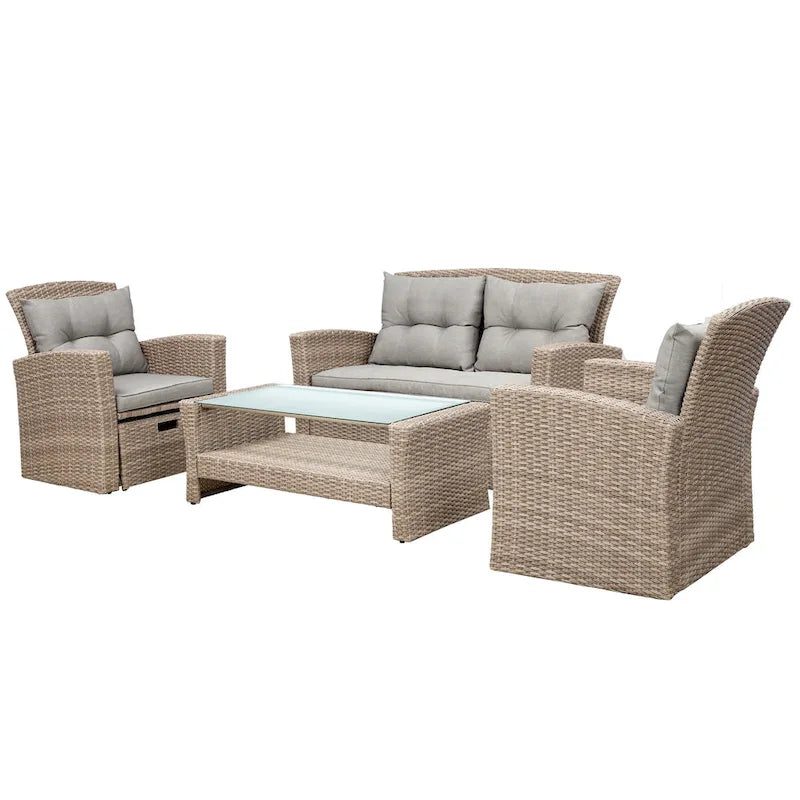 Ensemble de mobilier de patio 4 pièces, ensemble de conversation extérieur toutes saisons, canapé d'angle en osier avec ottoman et coussins