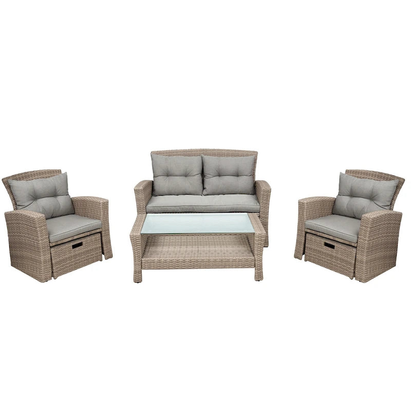 Ensemble de mobilier de patio 4 pièces, ensemble de conversation extérieur toutes saisons, canapé d'angle en osier avec ottoman et coussins