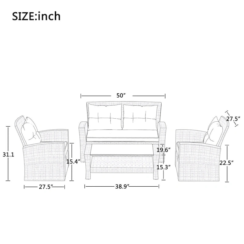 Ensemble de mobilier de patio 4 pièces, ensemble de conversation extérieur toutes saisons, canapé d'angle en osier avec ottoman et coussins