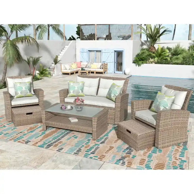 Ensemble de mobilier de patio 4 pièces, ensemble de conversation extérieur toutes saisons, canapé d'angle en osier avec ottoman et coussins