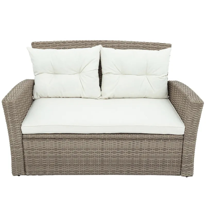 Ensemble de mobilier de patio 4 pièces, ensemble de conversation extérieur toutes saisons, canapé d'angle en osier avec ottoman et coussins