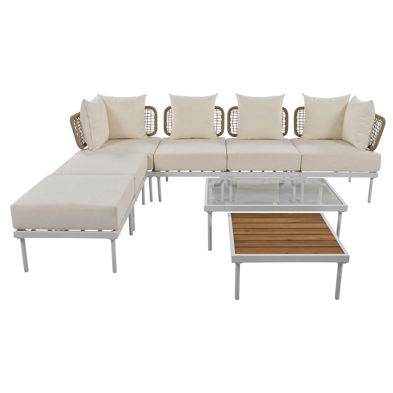 Ensemble de mobilier d'extérieur en bois 8 pièces, salon de jardin d'angle en forme de L avec table basse en verre trempé et table basse en bois