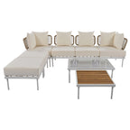 Ensemble de mobilier d'extérieur en bois 8 pièces, salon de jardin d'angle en forme de L avec table basse en verre trempé et table basse en bois