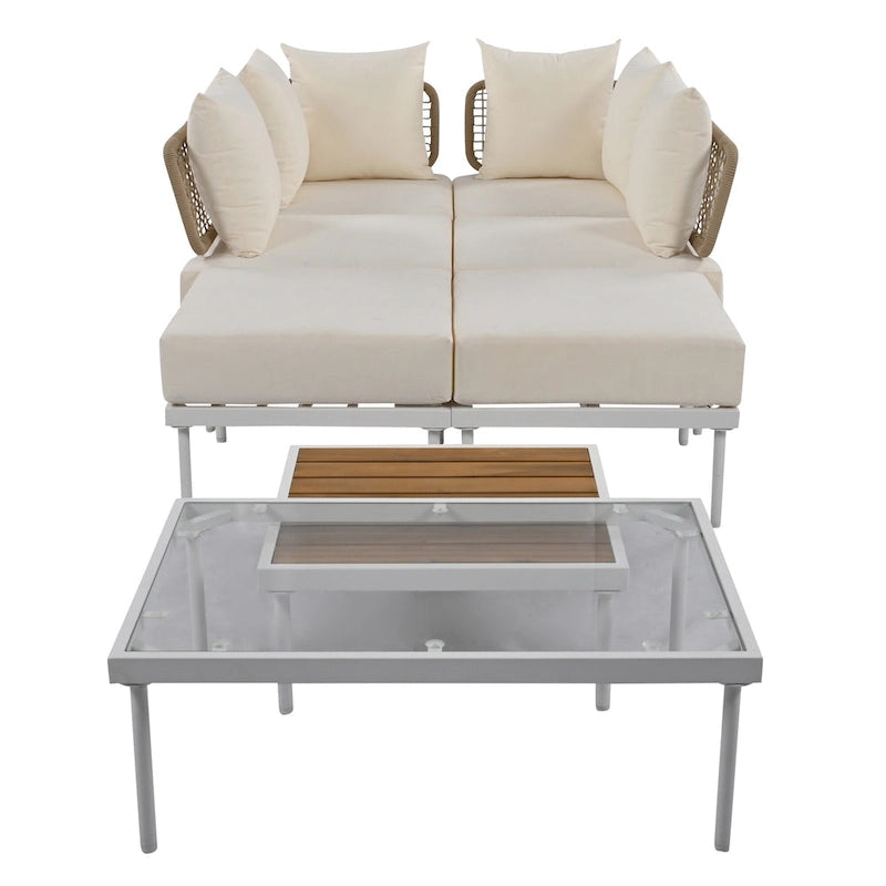 Ensemble de mobilier d'extérieur en bois 8 pièces, salon de jardin d'angle en forme de L avec table basse en verre trempé et table basse en bois