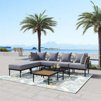 Ensemble de mobilier d'extérieur en bois 8 pièces, salon de jardin d'angle en forme de L avec table basse en verre trempé et table basse en bois