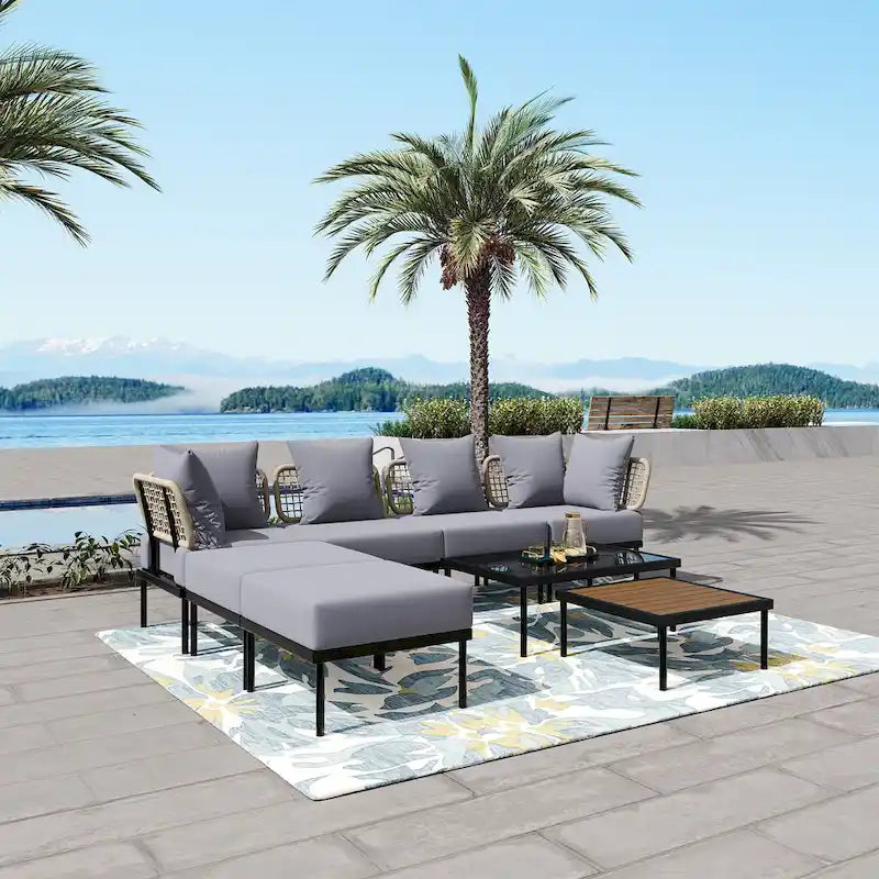 Ensemble de mobilier d'extérieur en bois 8 pièces, salon de jardin d'angle en forme de L avec table basse en verre trempé et table basse en bois