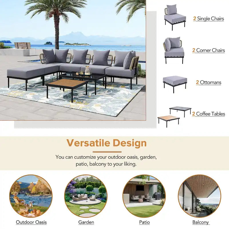 Ensemble de mobilier d'extérieur en bois 8 pièces, salon de jardin d'angle en forme de L avec table basse en verre trempé et table basse en bois