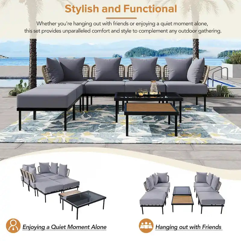 Ensemble de mobilier d'extérieur en bois 8 pièces, salon de jardin d'angle en forme de L avec table basse en verre trempé et table basse en bois