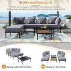 Ensemble de mobilier d'extérieur en bois 8 pièces, salon de jardin d'angle en forme de L avec table basse en verre trempé et table basse en bois