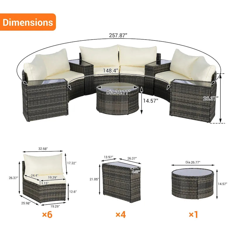 Ensemble de canapé d'extérieur demi-lune de 11 pièces, en rotin, avec coussins et table basse