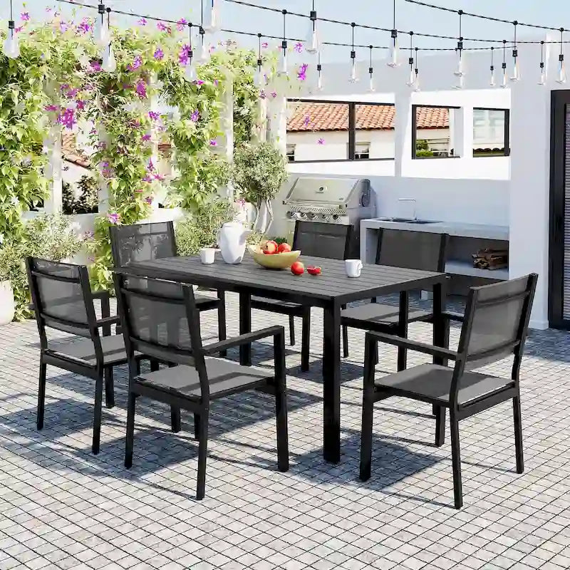 Ensemble de 7 pièces de salle à manger d'extérieur en acier, ensemble de meubles de patio toutes saisons avec table rectangulaire et 6 chaises de salle à manger