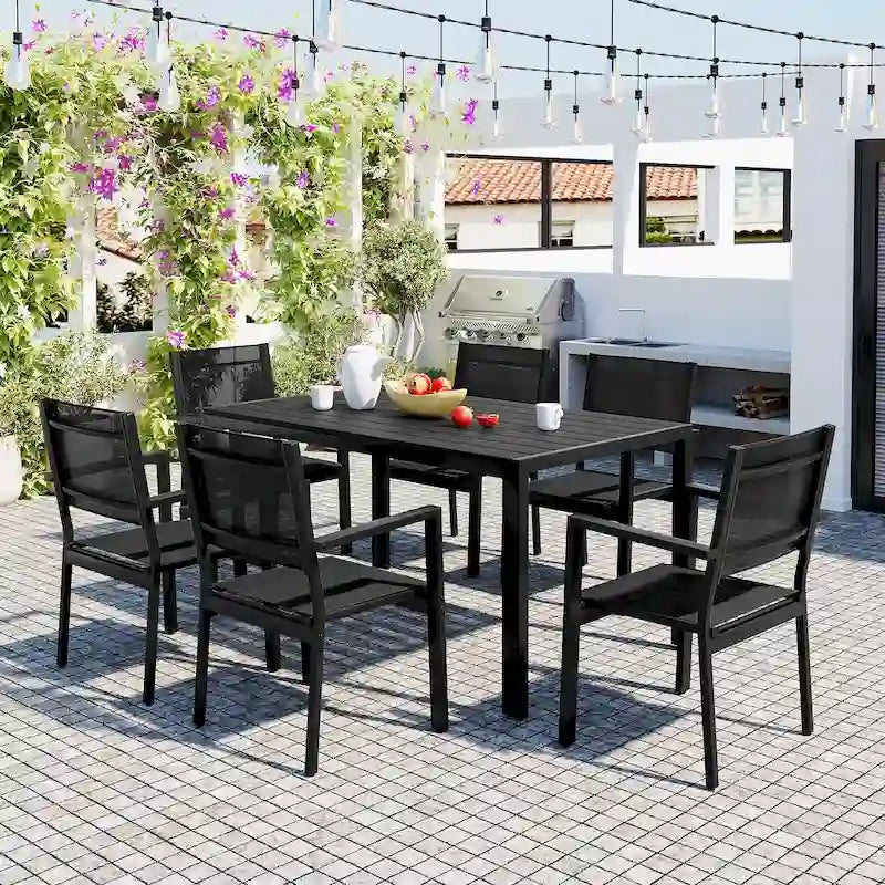 Ensemble de 7 pièces de salle à manger d'extérieur en acier, ensemble de meubles de patio toutes saisons avec table rectangulaire et 6 chaises de salle à manger