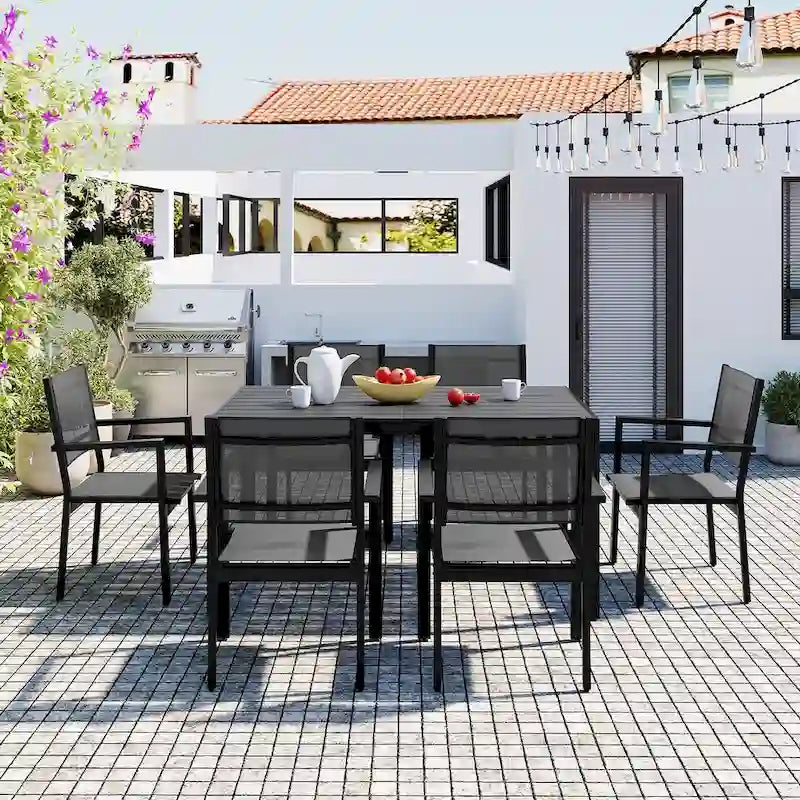 Ensemble de 7 pièces de salle à manger d'extérieur en acier, ensemble de meubles de patio toutes saisons avec table rectangulaire et 6 chaises de salle à manger