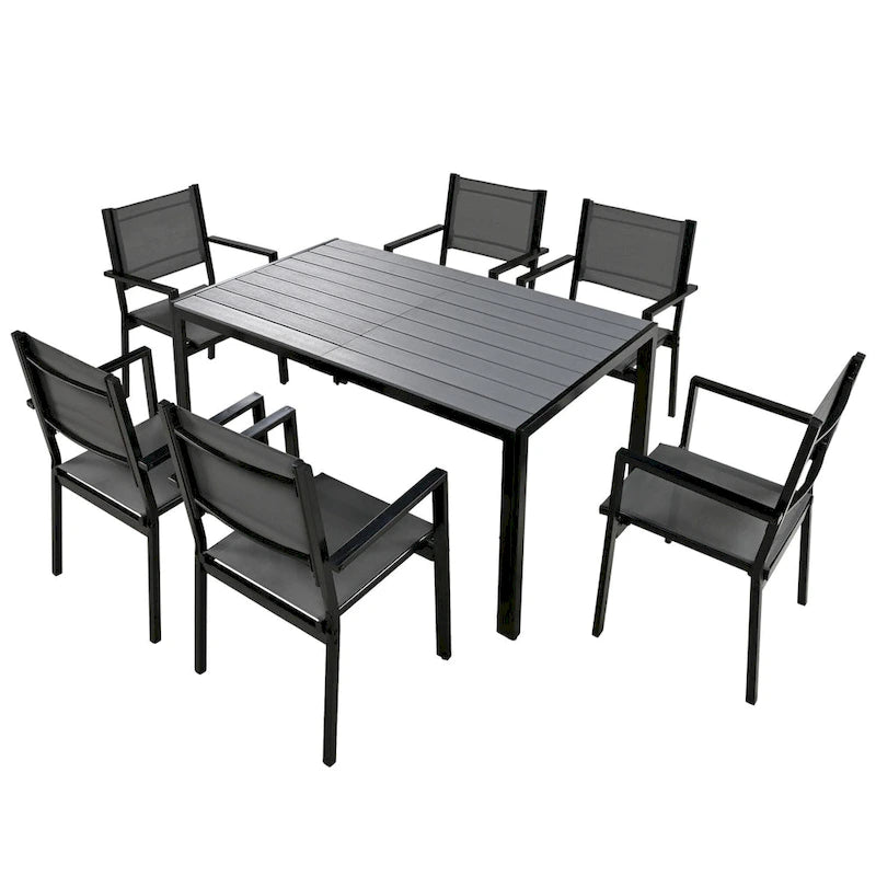 Ensemble de 7 pièces de salle à manger d'extérieur en acier, ensemble de meubles de patio toutes saisons avec table rectangulaire et 6 chaises de salle à manger