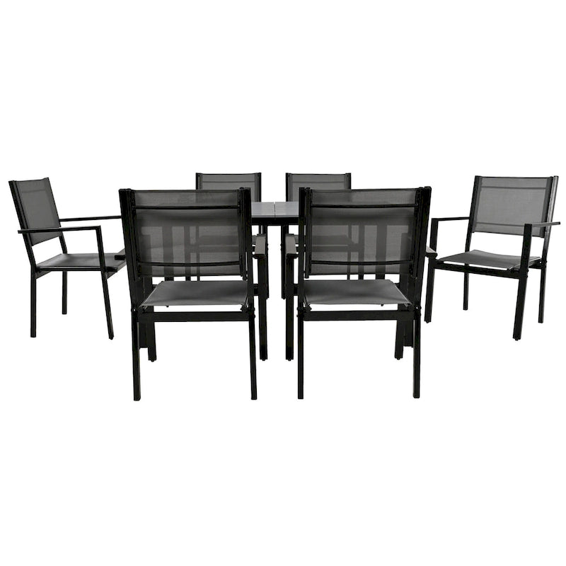 Ensemble de 7 pièces de salle à manger d'extérieur en acier, ensemble de meubles de patio toutes saisons avec table rectangulaire et 6 chaises de salle à manger