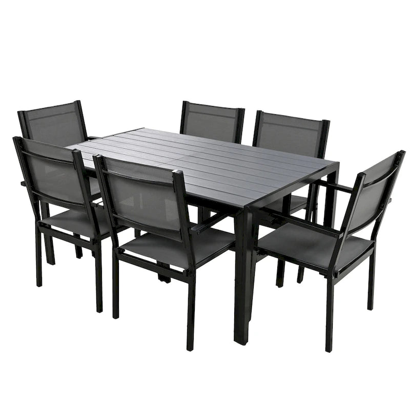Ensemble de 7 pièces de salle à manger d'extérieur en acier, ensemble de meubles de patio toutes saisons avec table rectangulaire et 6 chaises de salle à manger